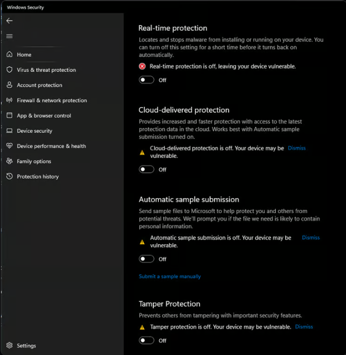 Virus & Threat Protection disabled