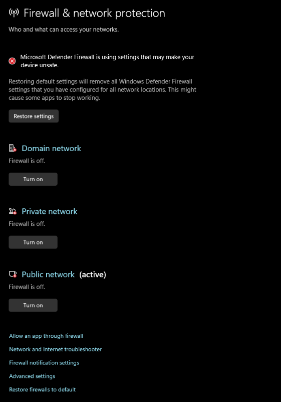 Firewall disabled