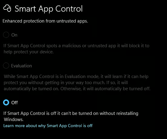Smart App Control off
