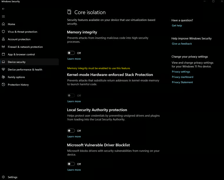 Core Isolation disabled