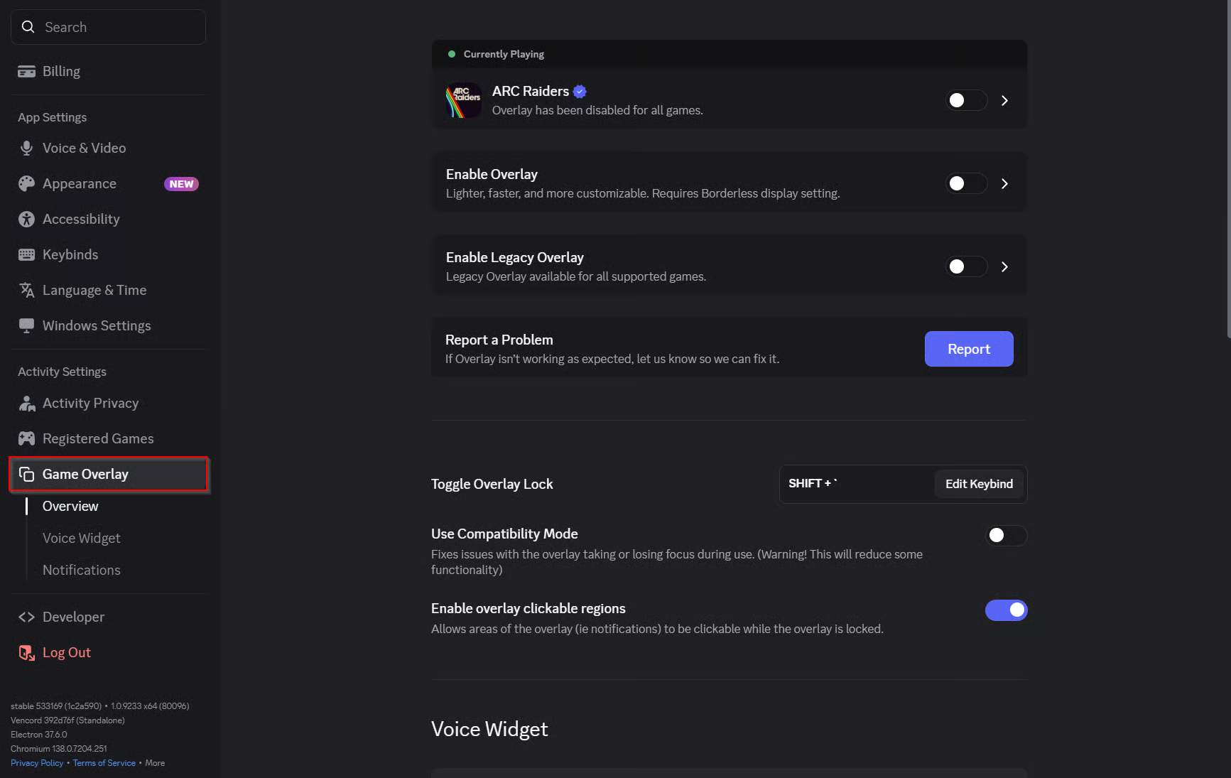 Discord Game Overlay settings