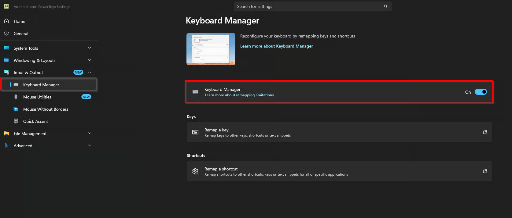 Keyboard Manager enabled