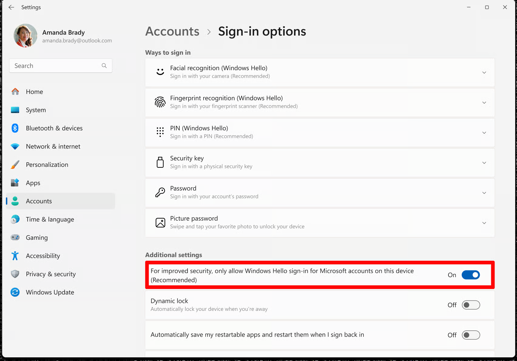 Sign-in Options settings